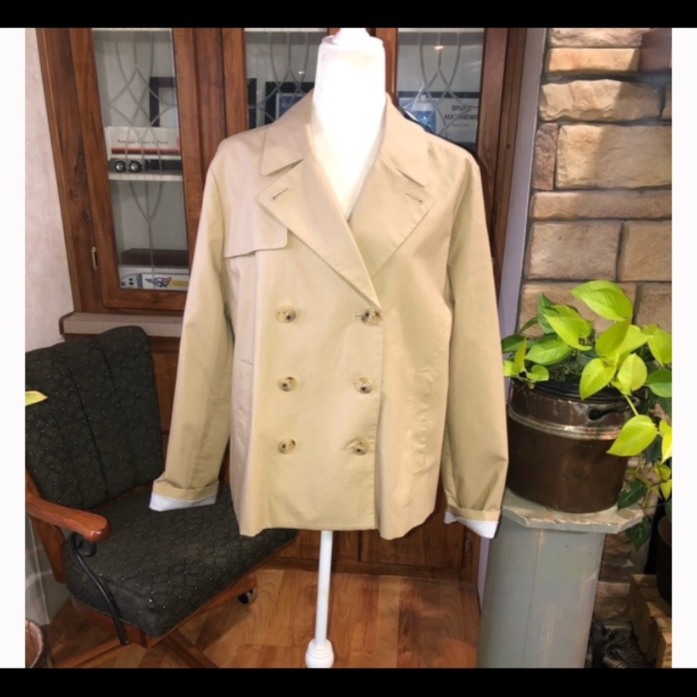 J.CREW SIZE 16 TAN JACKET WITH BLUE AND WHITE STRIPED LINING DOUBLE BREASTED EUC